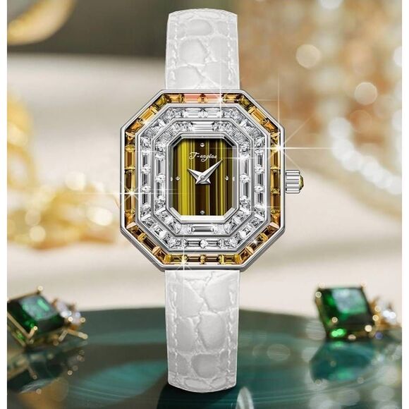 BNIB~Women's T-Engine Brown Crystal Sapphire Glass White Leather Strap Watch - Picture 2 of 6